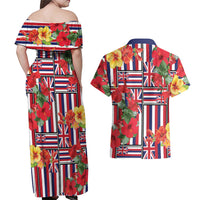 Hawaii Hibiscus Lei Couples Matching Off Shoulder Maxi Dress and Hawaiian Shirt Hawaiian Flag Motif