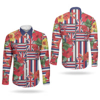Hawaii Hibiscus Lei Couples Matching Off Shoulder Maxi Dress and Long Sleeve Button Shirt Hawaiian Flag Motif LT9 - Polynesian Pride