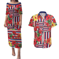 Hawaii Hibiscus Lei Couples Matching Puletasi and Hawaiian Shirt Hawaiian Flag Motif