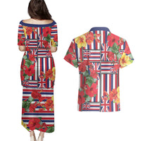 Hawaii Hibiscus Lei Couples Matching Puletasi and Hawaiian Shirt Hawaiian Flag Motif