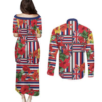 Hawaii Hibiscus Lei Couples Matching Puletasi and Long Sleeve Button Shirt Hawaiian Flag Motif LT9 - Polynesian Pride