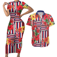 Hawaii Hibiscus Lei Couples Matching Short Sleeve Bodycon Dress and Hawaiian Shirt Hawaiian Flag Motif