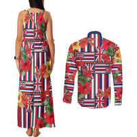 Hawaii Hibiscus Lei Couples Matching Tank Maxi Dress and Long Sleeve Button Shirt Hawaiian Flag Motif