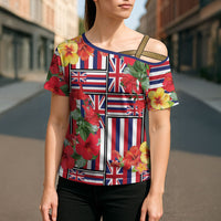 Hawaii Hibiscus Lei Cross Shoulder Shirt Hawaiian Flag Motif