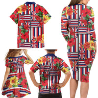 Hawaii Hibiscus Lei Family Matching Long Sleeve Bodycon Dress and Hawaiian Shirt Hawaiian Flag Motif
