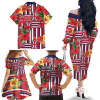 Hawaii Hibiscus Lei Family Matching Off The Shoulder Long Sleeve Dress and Hawaiian Shirt Hawaiian Flag Motif