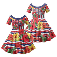 Hawaii Hibiscus Lei Family Matching Off Shoulder Short Dress and Hawaiian Shirt Hawaiian Flag Motif LT9 Daughter's Dress Red - Polynesian Pride