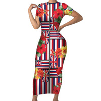 Hawaii Hibiscus Lei Family Matching Short Sleeve Bodycon Dress and Hawaiian Shirt Hawaiian Flag Motif