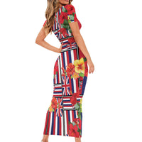 Hawaii Hibiscus Lei Family Matching Short Sleeve Bodycon Dress and Hawaiian Shirt Hawaiian Flag Motif