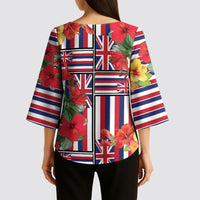 Hawaii Hibiscus Lei Kimono Sleeve Blouse Hawaiian Flag Motif