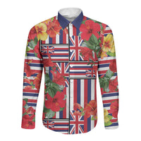 Hawaii Hibiscus Lei Long Sleeve Button Shirt Hawaiian Flag Motif LT9 Unisex Red - Polynesian Pride