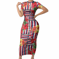 Hawaii Hibiscus Lei Short Sleeve Bodycon Dress Hawaiian Flag Motif LT9 Long Dress Red - Polynesian Pride
