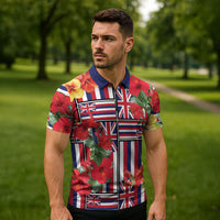 Hawaii Hibiscus Lei Zipper Polo Shirt Hawaiian Flag Motif LT9 - Polynesian Pride