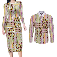 Hawaii Lokelani Pikake Lei Couples Matching Long Sleeve Bodycon Dress and Long Sleeve Button Shirt Hawaiian Flag Motif
