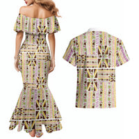 Hawaii Lokelani Pikake Lei Couples Matching Mermaid Dress and Hawaiian Shirt Hawaiian Flag Motif
