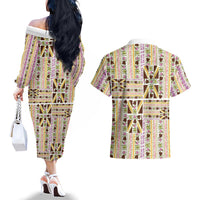 Hawaii Lokelani Pikake Lei Couples Matching Off The Shoulder Long Sleeve Dress and Hawaiian Shirt Hawaiian Flag Motif