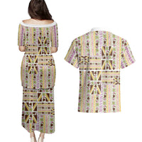 Hawaii Lokelani Pikake Lei Couples Matching Puletasi and Hawaiian Shirt Hawaiian Flag Motif