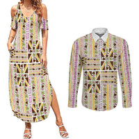 Hawaii Lokelani Pikake Lei Couples Matching Summer Maxi Dress and Long Sleeve Button Shirt Hawaiian Flag Motif