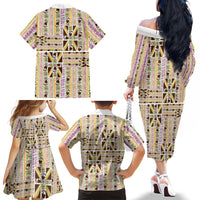 Hawaii Lokelani Pikake Lei Family Matching Off The Shoulder Long Sleeve Dress and Hawaiian Shirt Hawaiian Flag Motif