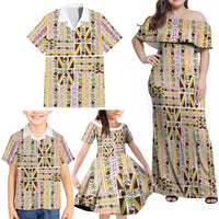 Hawaii Lokelani Pikake Lei Family Matching Off Shoulder Maxi Dress and Hawaiian Shirt Hawaiian Flag Motif