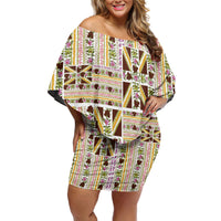 Hawaii Lokelani Pikake Lei Family Matching Off Shoulder Short Dress and Hawaiian Shirt Hawaiian Flag Motif