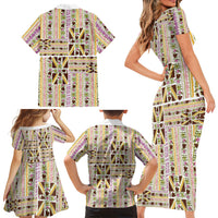 Hawaii Lokelani Pikake Lei Family Matching Short Sleeve Bodycon Dress and Hawaiian Shirt Hawaiian Flag Motif