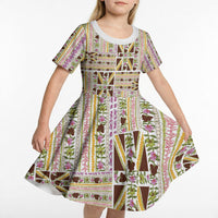 Hawaii Lokelani Pikake Lei Kid Short Sleeve Dress Hawaiian Flag Motif LT9 - Polynesian Pride