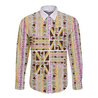 Hawaii Lokelani Pikake Lei Long Sleeve Button Shirt Hawaiian Flag Motif