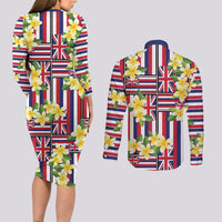 Hawaii Plumeria Lei Couples Matching Long Sleeve Bodycon Dress and Long Sleeve Button Shirt Hawaiian Flag Motif