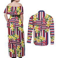 Hawaii Plumeria Lei Couples Matching Off Shoulder Maxi Dress and Long Sleeve Button Shirt Hawaiian Flag Motif