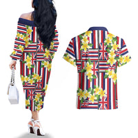 Hawaii Plumeria Lei Couples Matching Off The Shoulder Long Sleeve Dress and Hawaiian Shirt Hawaiian Flag Motif