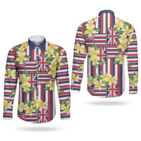 Hawaii Plumeria Lei Couples Matching Puletasi and Long Sleeve Button Shirt Hawaiian Flag Motif LT9 - Polynesian Pride