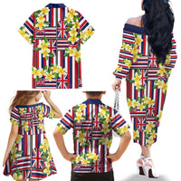 Hawaii Plumeria Lei Family Matching Off The Shoulder Long Sleeve Dress and Hawaiian Shirt Hawaiian Flag Motif