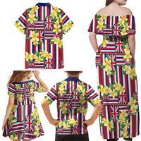 Hawaii Plumeria Lei Family Matching Off Shoulder Maxi Dress and Hawaiian Shirt Hawaiian Flag Motif
