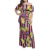 Hawaii Plumeria Lei Family Matching Off Shoulder Maxi Dress and Hawaiian Shirt Hawaiian Flag Motif