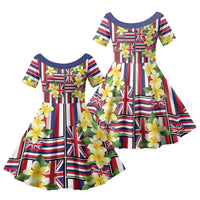 Hawaii Plumeria Lei Family Matching Off Shoulder Short Dress and Hawaiian Shirt Hawaiian Flag Motif LT9 Daughter's Dress Red - Polynesian Pride