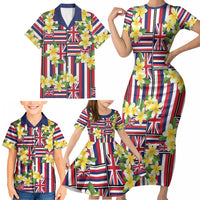 Hawaii Plumeria Lei Family Matching Short Sleeve Bodycon Dress and Hawaiian Shirt Hawaiian Flag Motif LT9 - Polynesian Pride