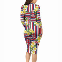 Hawaii Plumeria Lei Long Sleeve Bodycon Dress Hawaiian Flag Motif LT9 - Polynesian Pride