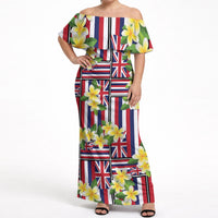 Hawaii Plumeria Lei Off Shoulder Maxi Dress Hawaiian Flag Motif LT9 Women Red - Polynesian Pride