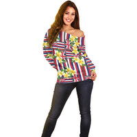 Hawaii Plumeria Lei Off Shoulder Sweater Hawaiian Flag Motif