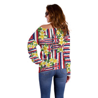 Hawaii Plumeria Lei Off Shoulder Sweater Hawaiian Flag Motif