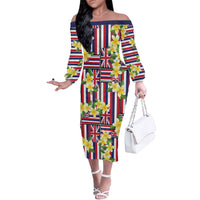 Hawaii Plumeria Lei Off The Shoulder Long Sleeve Dress Hawaiian Flag Motif