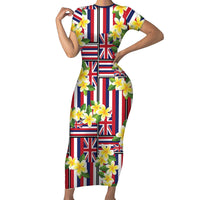 Hawaii Plumeria Lei Short Sleeve Bodycon Dress Hawaiian Flag Motif