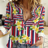 Hawaii Plumeria Lei Women Casual Shirt Hawaiian Flag Motif