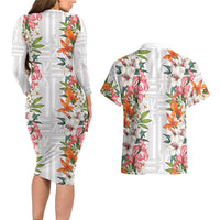 Hawaii Tropical Twist Lei Couples Matching Long Sleeve Bodycon Dress and Hawaiian Shirt Hawaiian Flag Motif