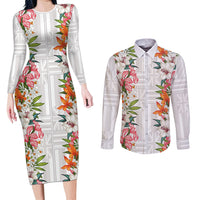 Hawaii Tropical Twist Lei Couples Matching Long Sleeve Bodycon Dress and Long Sleeve Button Shirt Hawaiian Flag Motif
