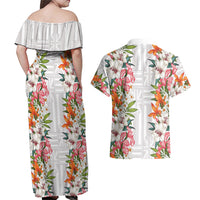 Hawaii Tropical Twist Lei Couples Matching Off Shoulder Maxi Dress and Hawaiian Shirt Hawaiian Flag Motif