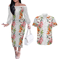 Hawaii Tropical Twist Lei Couples Matching Off The Shoulder Long Sleeve Dress and Hawaiian Shirt Hawaiian Flag Motif