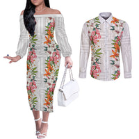 Hawaii Tropical Twist Lei Couples Matching Off The Shoulder Long Sleeve Dress and Long Sleeve Button Shirt Hawaiian Flag Motif
