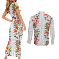 Hawaii Tropical Twist Lei Couples Matching Short Sleeve Bodycon Dress and Long Sleeve Button Shirt Hawaiian Flag Motif